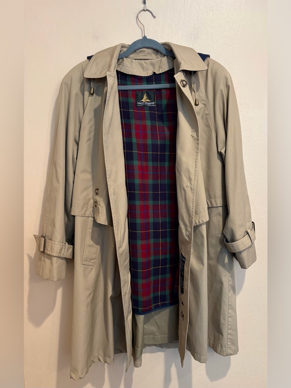 Vintage Beige Raincoat w/ Plaid Lining & Removable Hat, Misty Harbor size 12